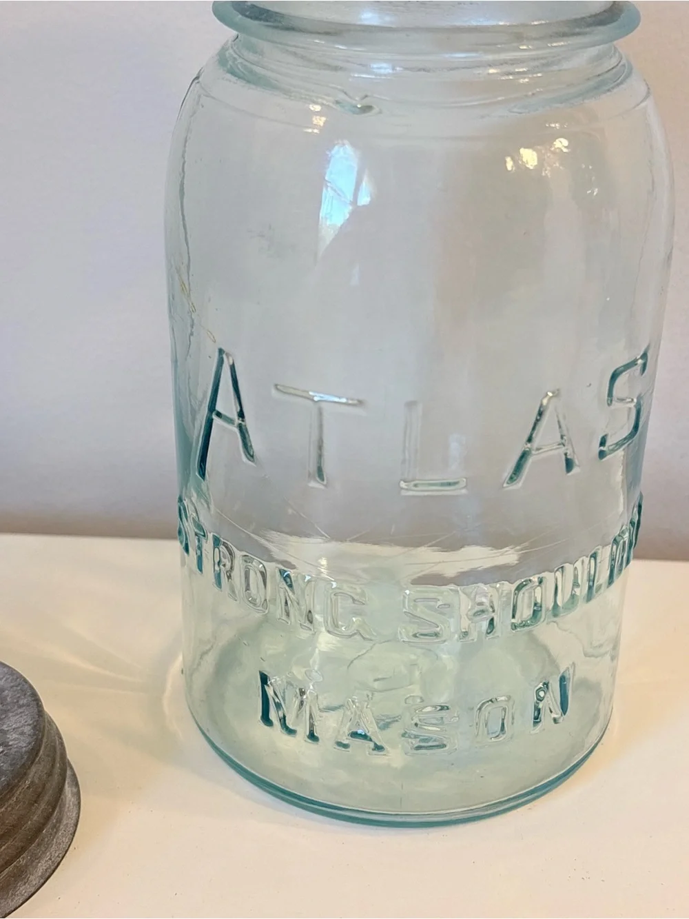 Atlas “strong shoulder” Embossed Blue Glass Mason Jar with Metal Lid